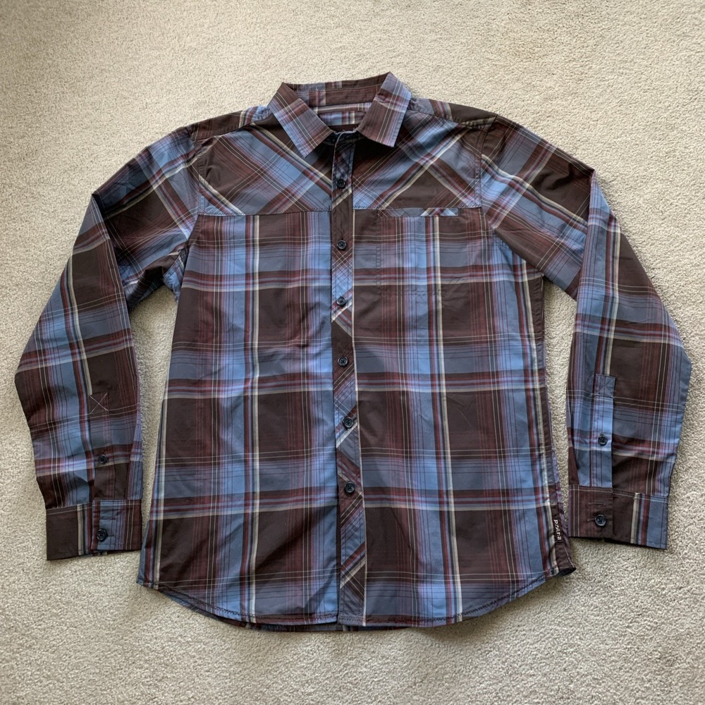 Prana Men's Casual Button Down Shirt - Brown and Blue Plaid